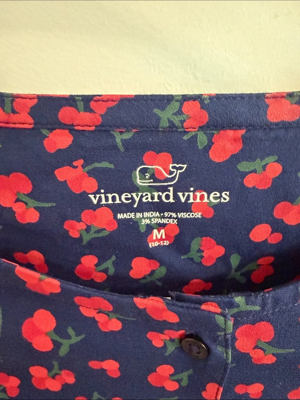 Vineyard Vines Navy Long-Sleeve Button-Front Top with Red Cherry Print